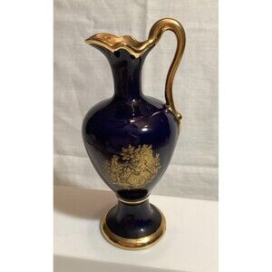 A.C. LIMOGES FRANCE Cobalt Blue Vase Pitcher With Couple In Gold With Trim 5.5"